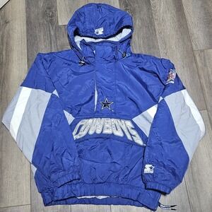 Vintage‎ 90s Starter NFL Dallas Cowboys 1/2 Zip Pullover Hooded Jacket Quilted M